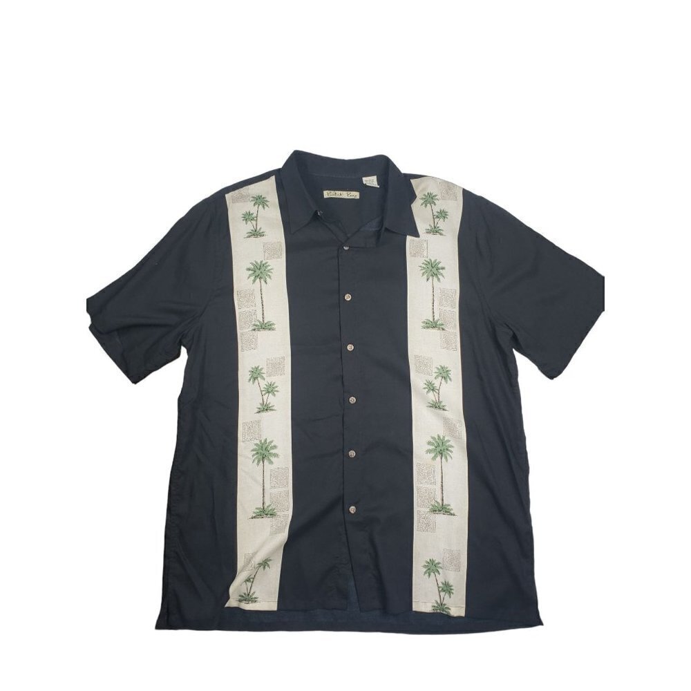 Batik Bay black and white block palm tree button up shirt, size large